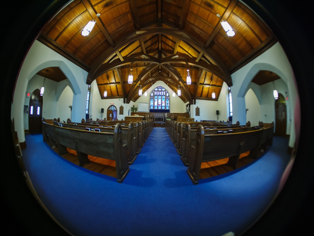 Central Baptist Sanctuary with fisheye distortion.